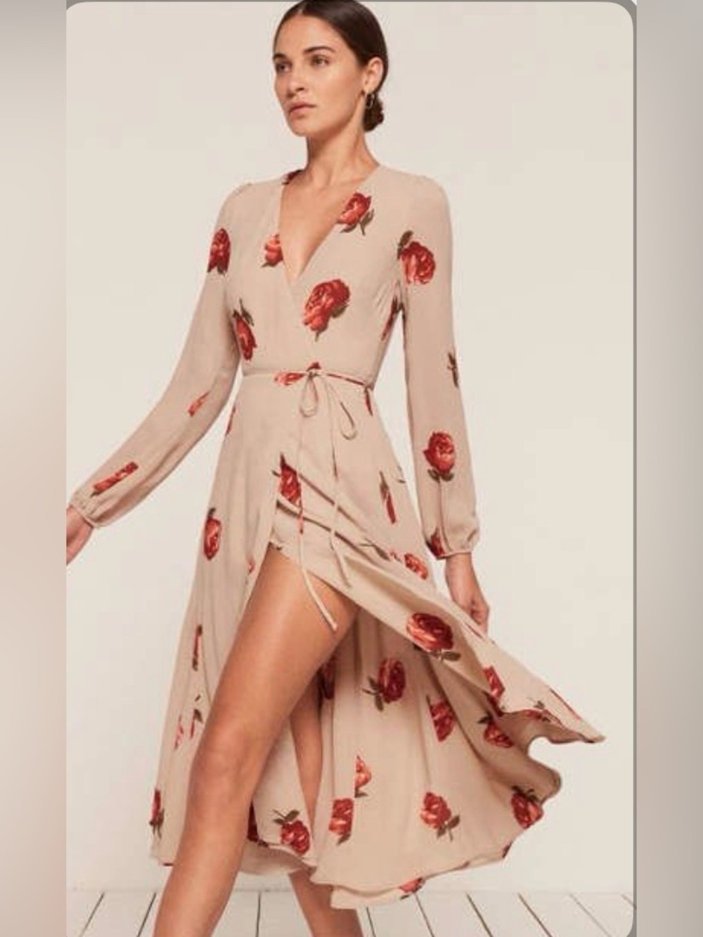 NEW Reformation Nicole Chiffon Blush Pink Wrap Dress with Red Rose Print Small